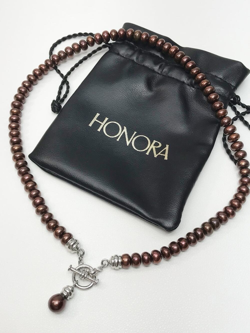 Honora 7mm Chocolate Brown Button Pearl Drop Toggle Sterling Silver Necklace